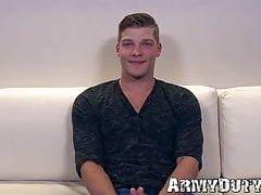Young soldier is happy to show his big dick and masturbates