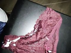 Cumming on beautiful red panties with help of big G cup bra