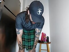 Kilted Stud Cums Hands Free and Pisses From Huge Dildos
