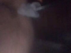 Twink bouncing on leg of chair out in shed