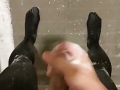 Opaque black pantyhose tights shower masturbating