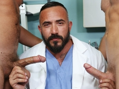 Bearded doctor daddy gets to suck two hard penises