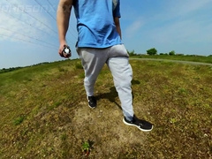 Freeballing walk in nature with a yam-sized sweatpants erection