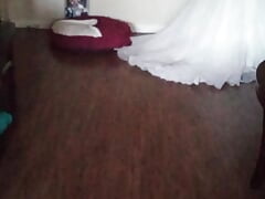 Wearing and cumming in bride's complete bridal outfit (wedding dress, shoes, bra, underskirt, stockings and straps)