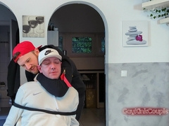 Tied on a tabouret at his mercy