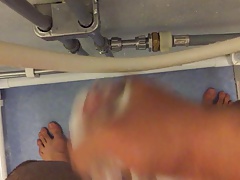 Masturbation in bathroom with shampoo