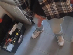 a employee came to work and wanks off. jizm on the floor