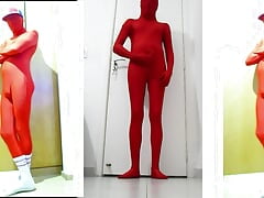 Fun At Home Wearing a Red Zentai Costume Part 2