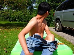 While the family goes shopping horny twink butters cock and asshole and shaves everything nice and smooth